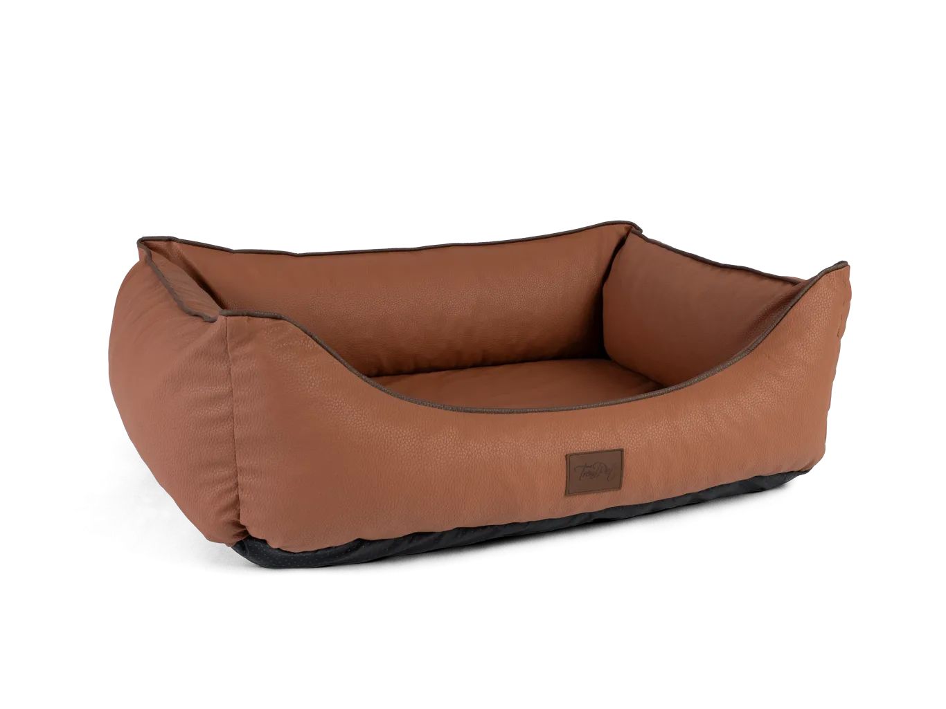 Braunes Kunstlederbett für Hunde, rechteckig, mit erhöhten Seiten. Auf weißem Hintergrund.