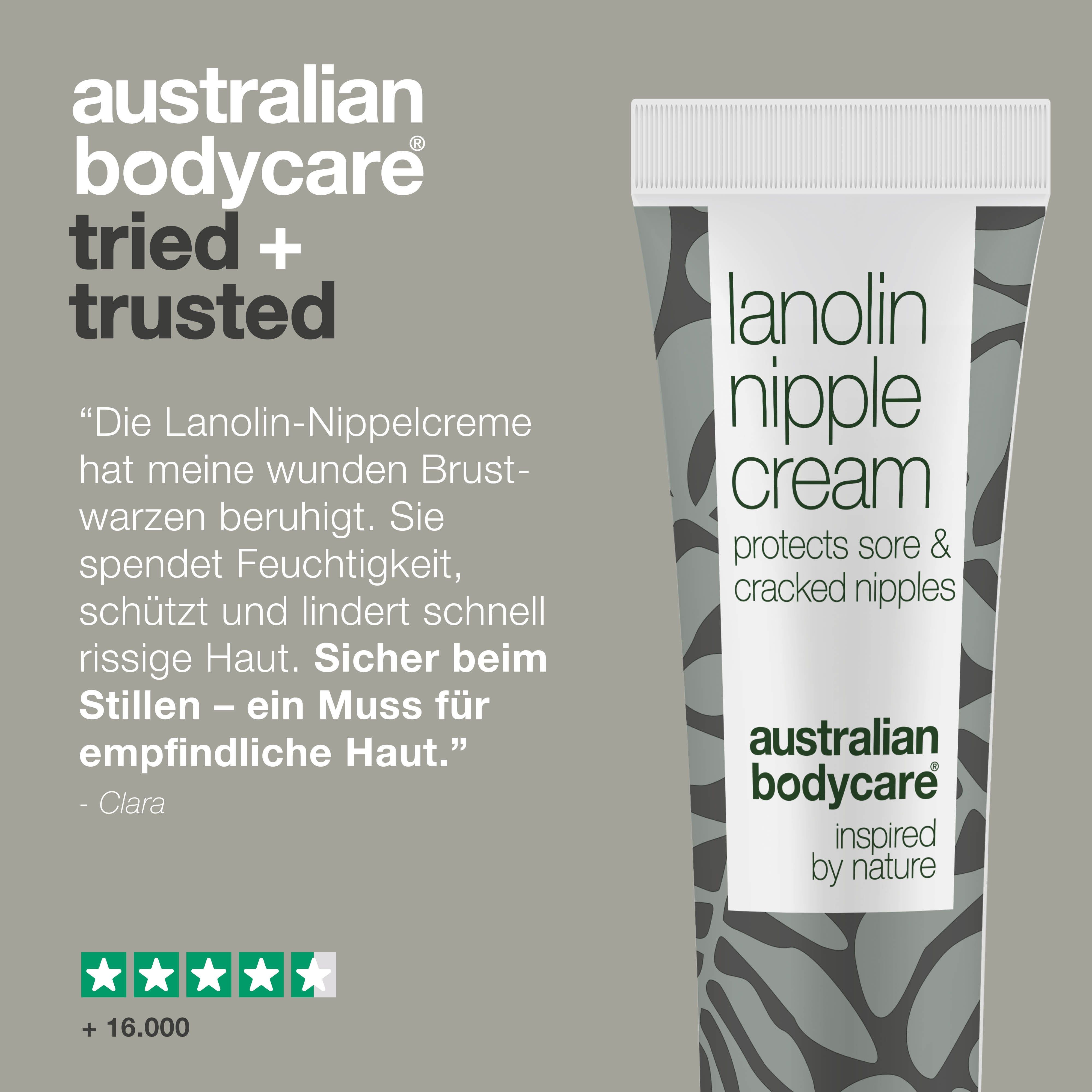 Tube Lanolin-Brustwarzencreme. Text: Australian Bodycare, Lanolin Nipple Cream. Zitat und 5-Sterne-Bewertung.