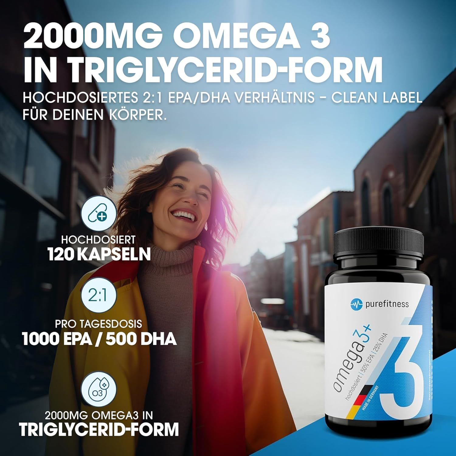 Werbung mit Frau und Omega 3+ Flasche. Text: 2000MG OMEGA 3 IN TRIGLYCERID-FORM, 120 Kapseln, 2:1 EPA/DHA, 1000 EPA/500 DHA.