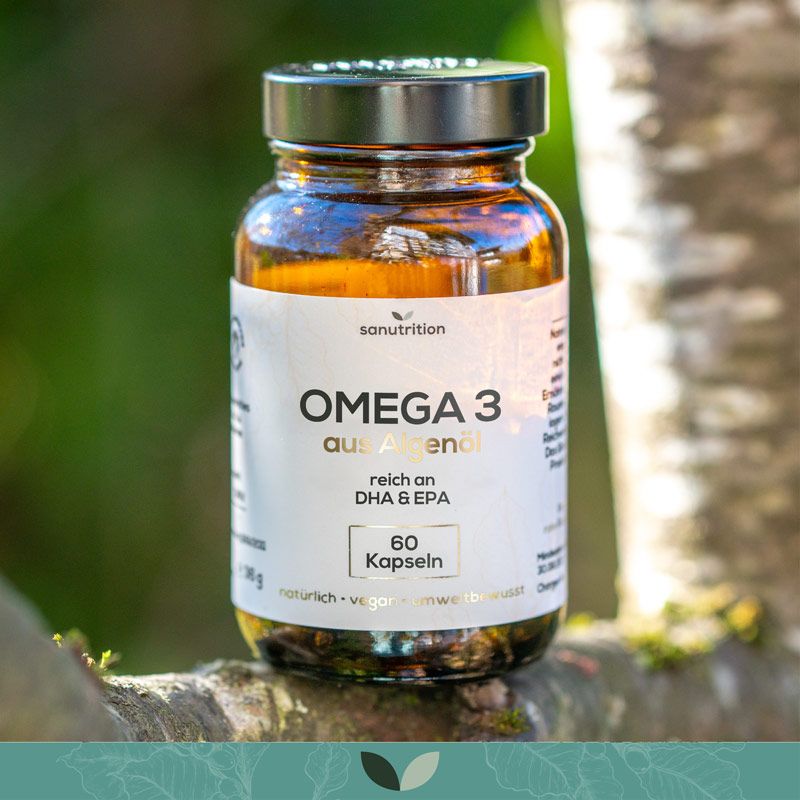 Braune Glasflasche mit schwarzem Deckel. Etikett mit "Sanutrition", "OMEGA 3 aus Algenöl", 60 Kapseln. Auf Ast platziert.