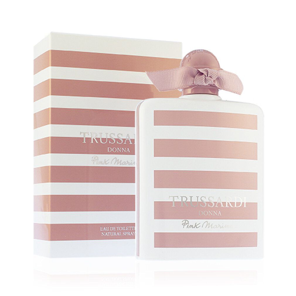 Flakon und Verpackung mit rosa Streifen. Schriftzug: Trussardi Donna Pink Marina. Mit Schleife.