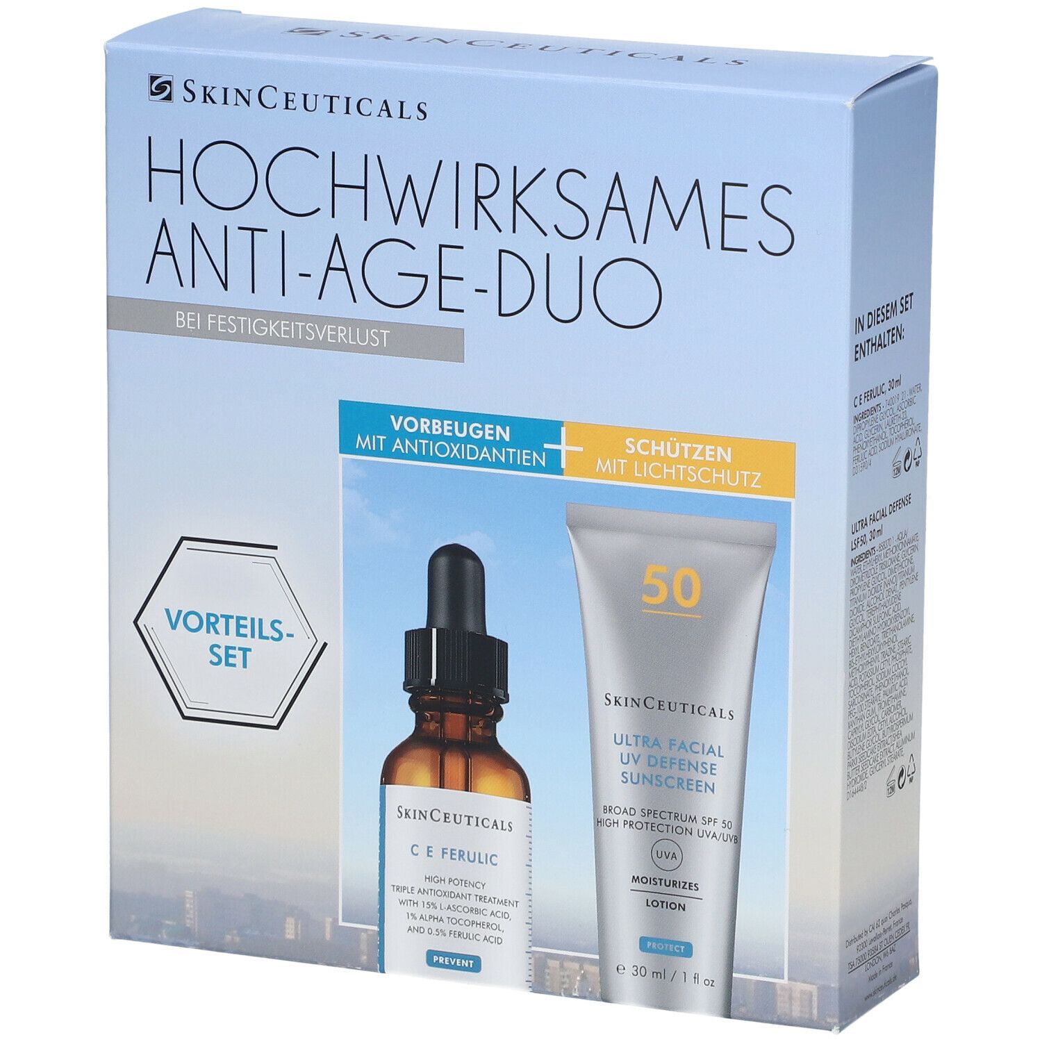 Anti-Age Duo-Set. Enthält eine braune Flasche mit Pipette und eine Tube mit Sonnenschutzmittel. Text: SkinCeuticals.
