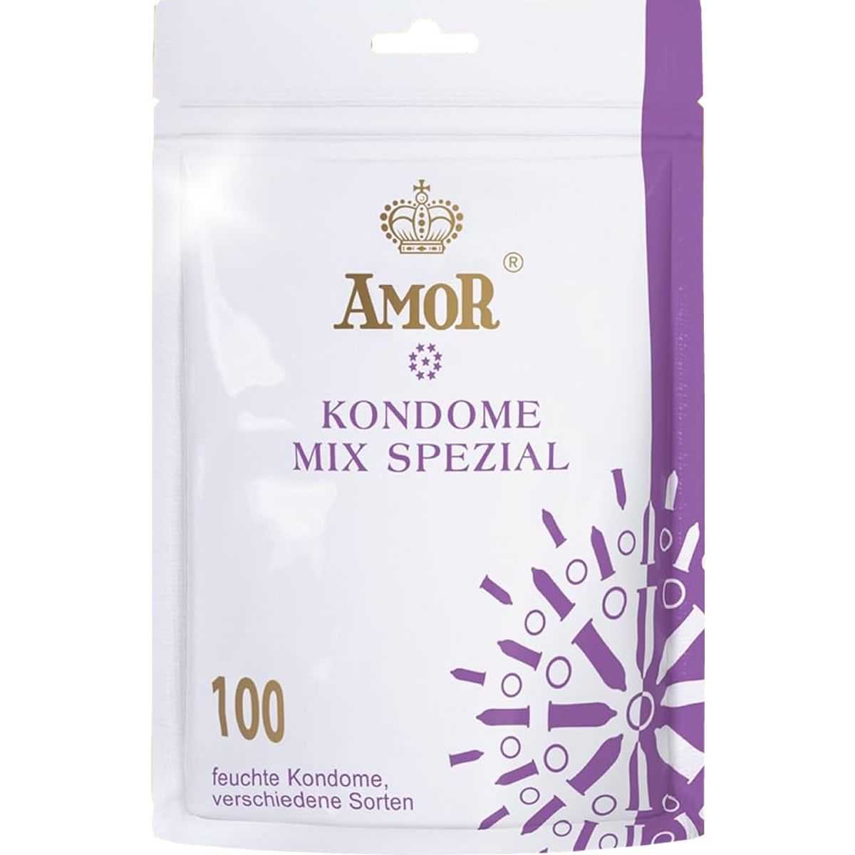 Verpackung mit Kondomen. Aufschrift: AMOR, KONDOME MIX SPEZIAL. Enthält 100 feuchte Kondome, verschiedene Sorten.