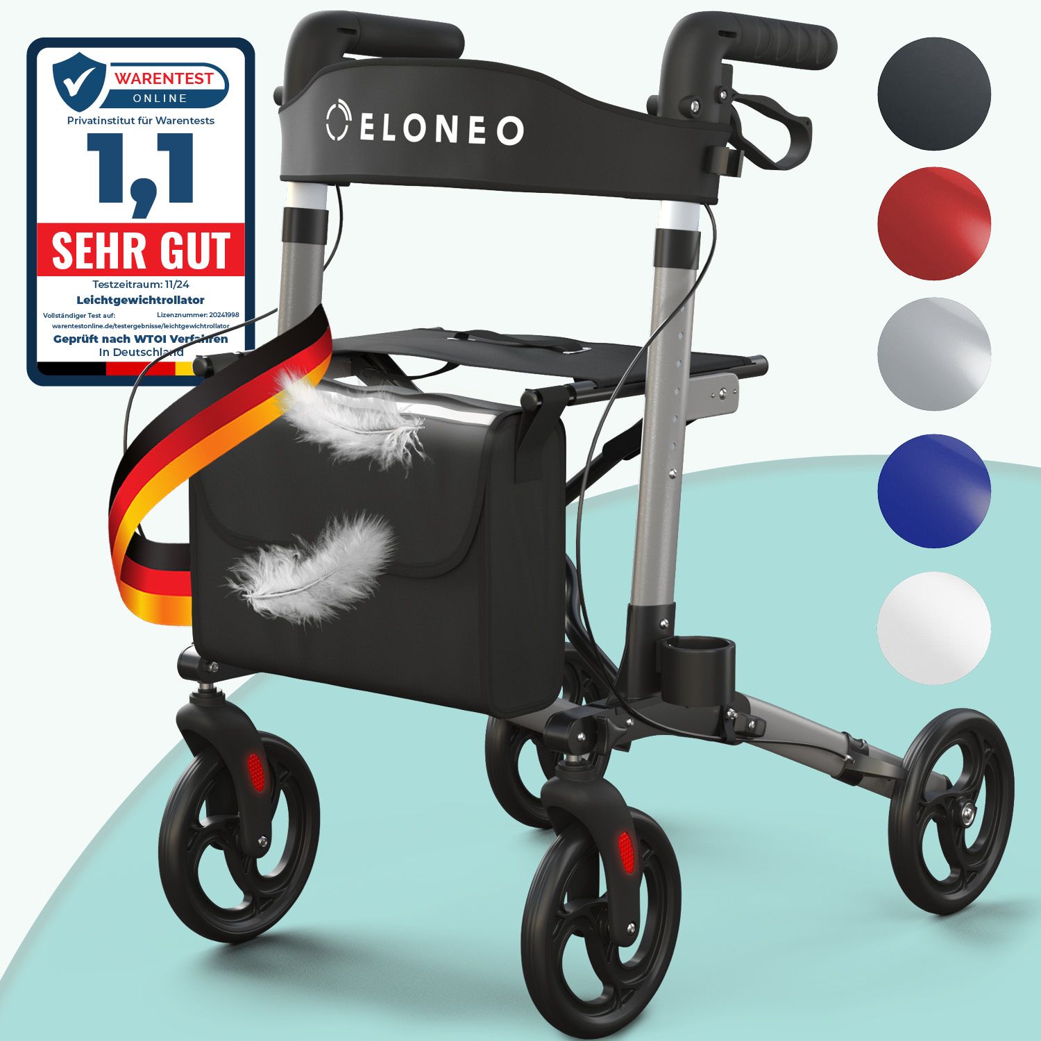 Rollator mit ELONEO-Logo, schwarzer Tasche, farbigen Rädern und Zertifizierung. Farben: Schwarz, Rot, Silber, Blau, Weiß.