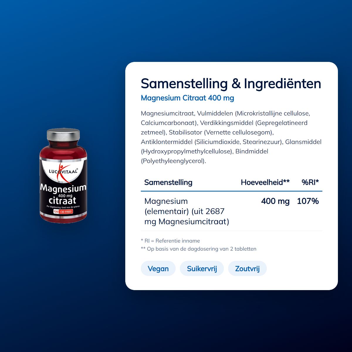 Produktinformationen für Magnesiumcitrat, mit Zutatenliste und Siegeln für vegan, zuckerfrei und salzfrei.