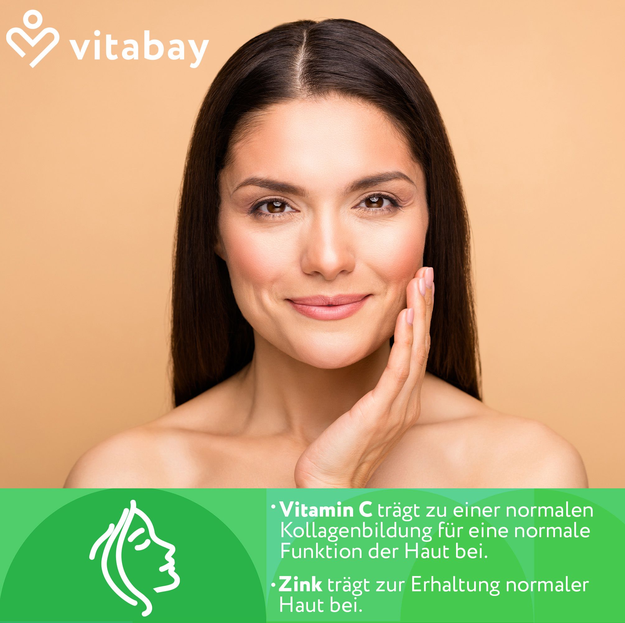 Porträt einer Frau, die ihre Wange berührt. Vitabay Logo. Text: Vitamin C trägt zu einer normalen Kollagenbildung bei.