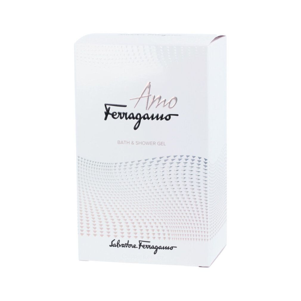 Weiße Schachtel mit Amo Ferragamo, Bath & Shower Gel. Salvatore Ferragamo Logo.