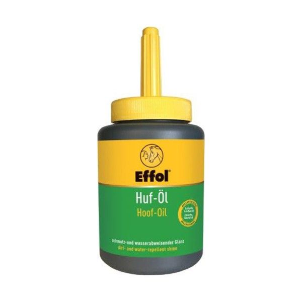 Flasche mit gelbem Deckel und Pinsel. Gelb-grünes Etikett mit Produktname und Logo. Text: Huf-Öl, Hoof-Oil.