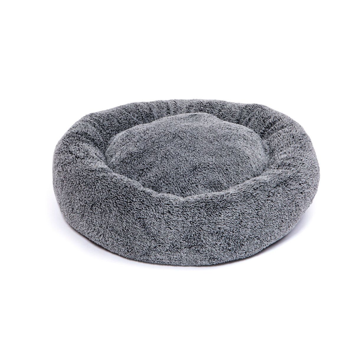 Rundes, graues Kuschelbett für Hunde oder Katzen. Weiches, flauschiges Material. Erhöhter Rand und zentrales Kissen.