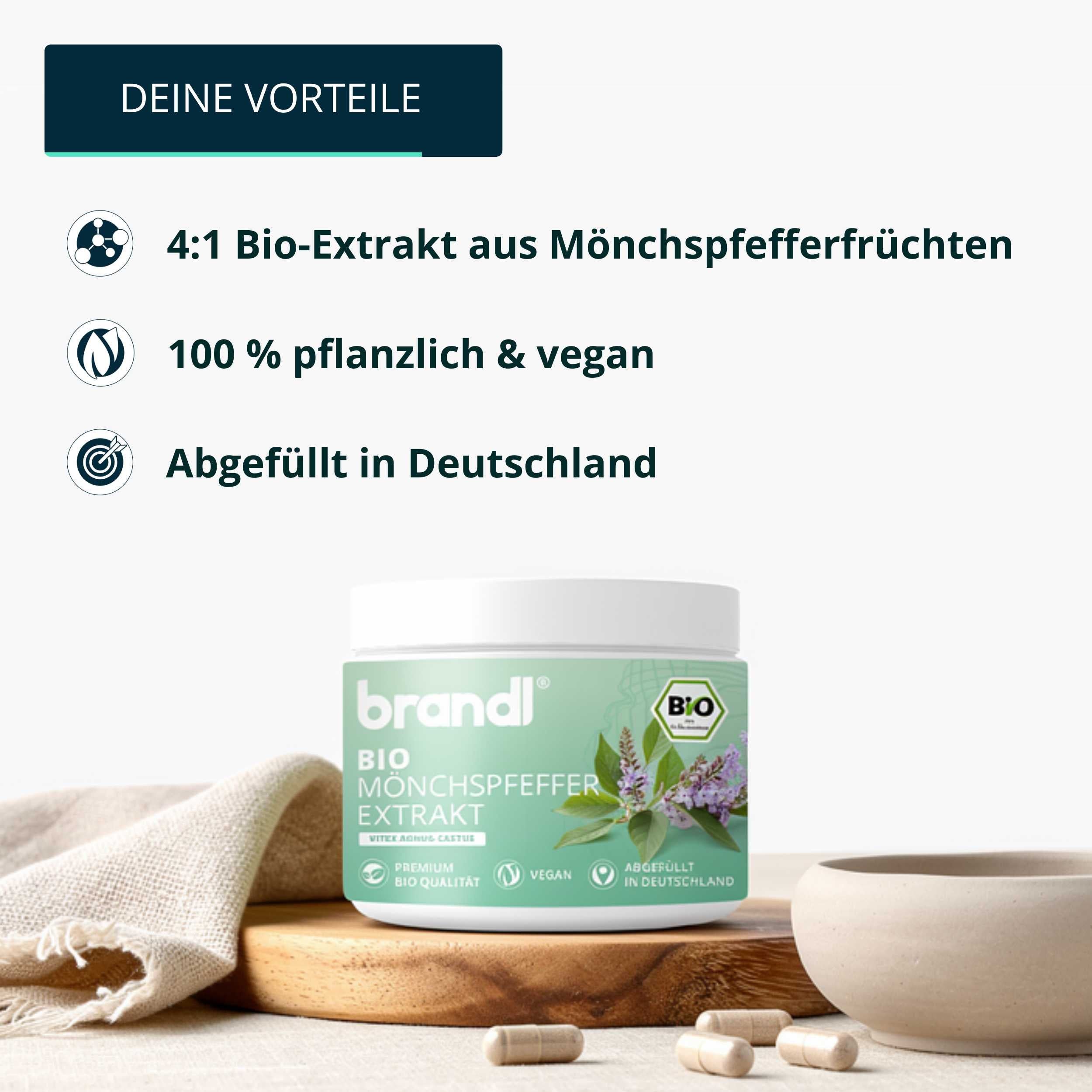 Weißer Behälter mit Produktetikett. Text: brandl Bio Mönchspfeffer Extrakt. Kapseln liegen daneben.