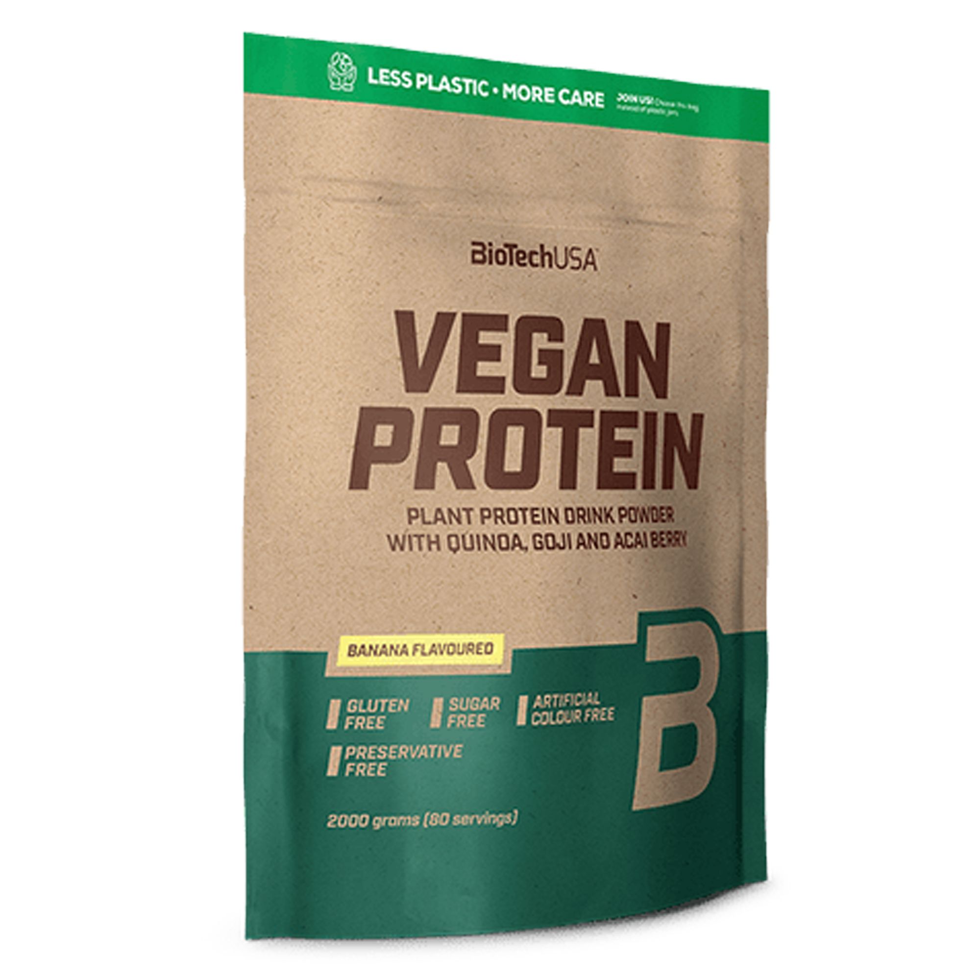 Beutel mit BioTechUSA Vegan Protein. Aufschrift: Vegan Protein, Banane, glutenfrei, zuckerfrei, ohne Konservierungsstoffe, ohne künstliche Farbstoffe.