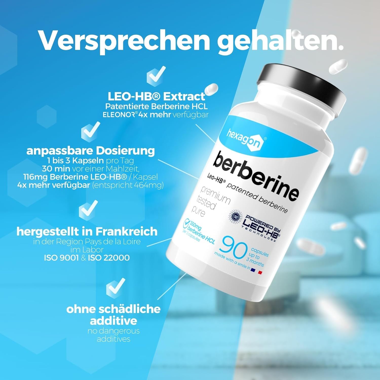 Hexagon Berberin Kapsel: Flasche mit 90 Kapseln, hergestellt in Frankreich, ohne schädliche Additive.