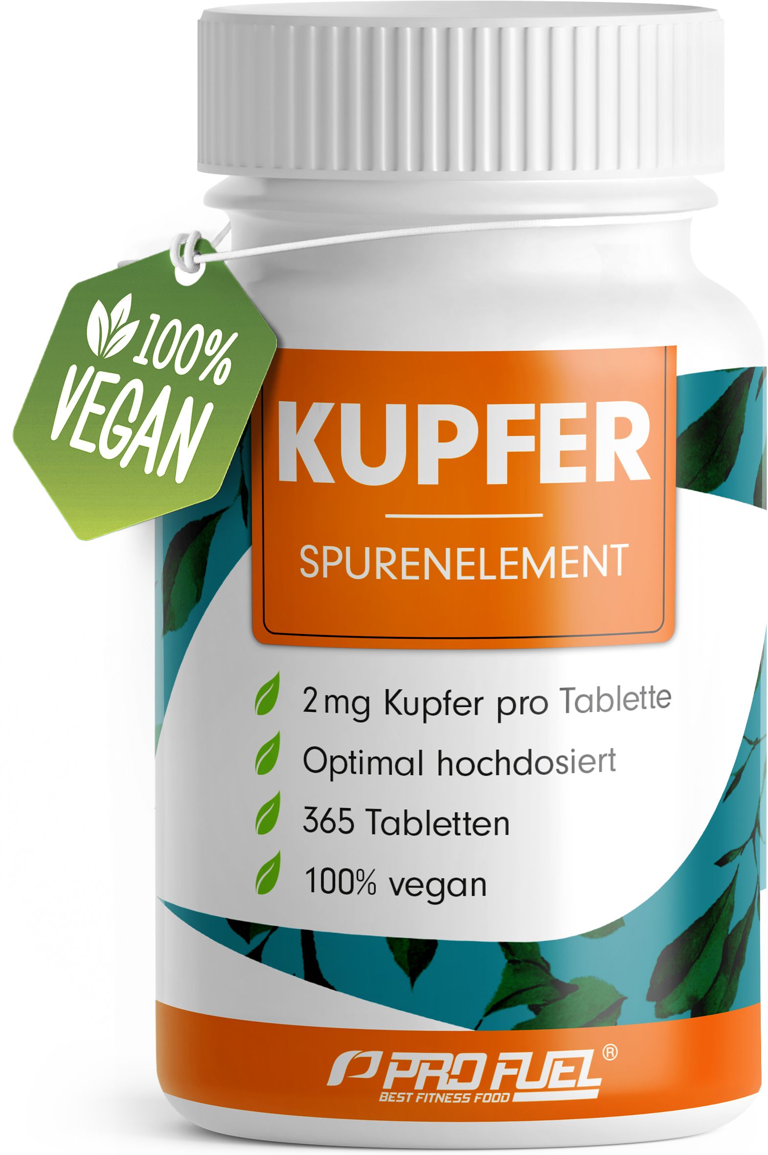 Weiße Flasche mit „Kupfer“ und „Spurenelement“ Etikett. Grünem Anhänger mit „100% Vegan“. Enthält 365 Tabletten.