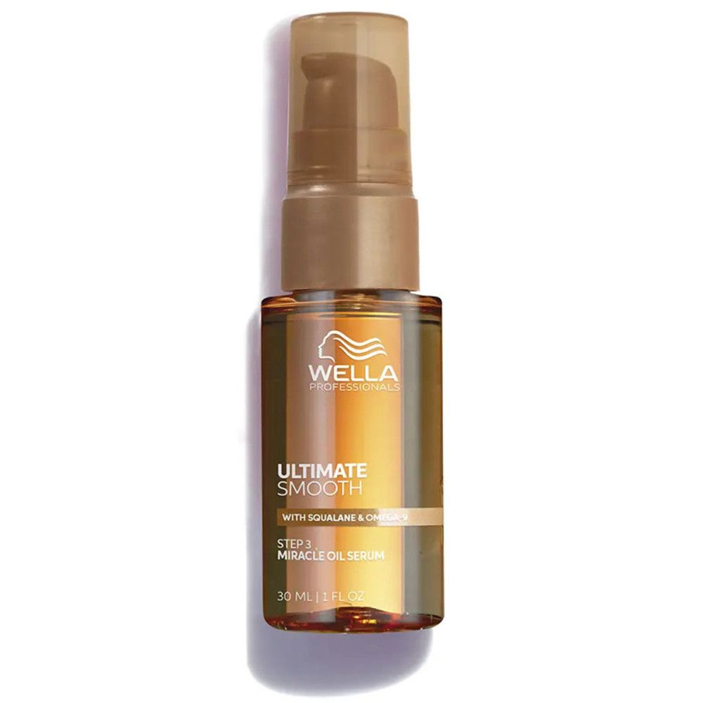 Braune Glasflasche mit Sprühkopf. Aufschrift: Ultimate Smooth Miracle Oil Serum. Marke: Wella Professionals. 30 ml.