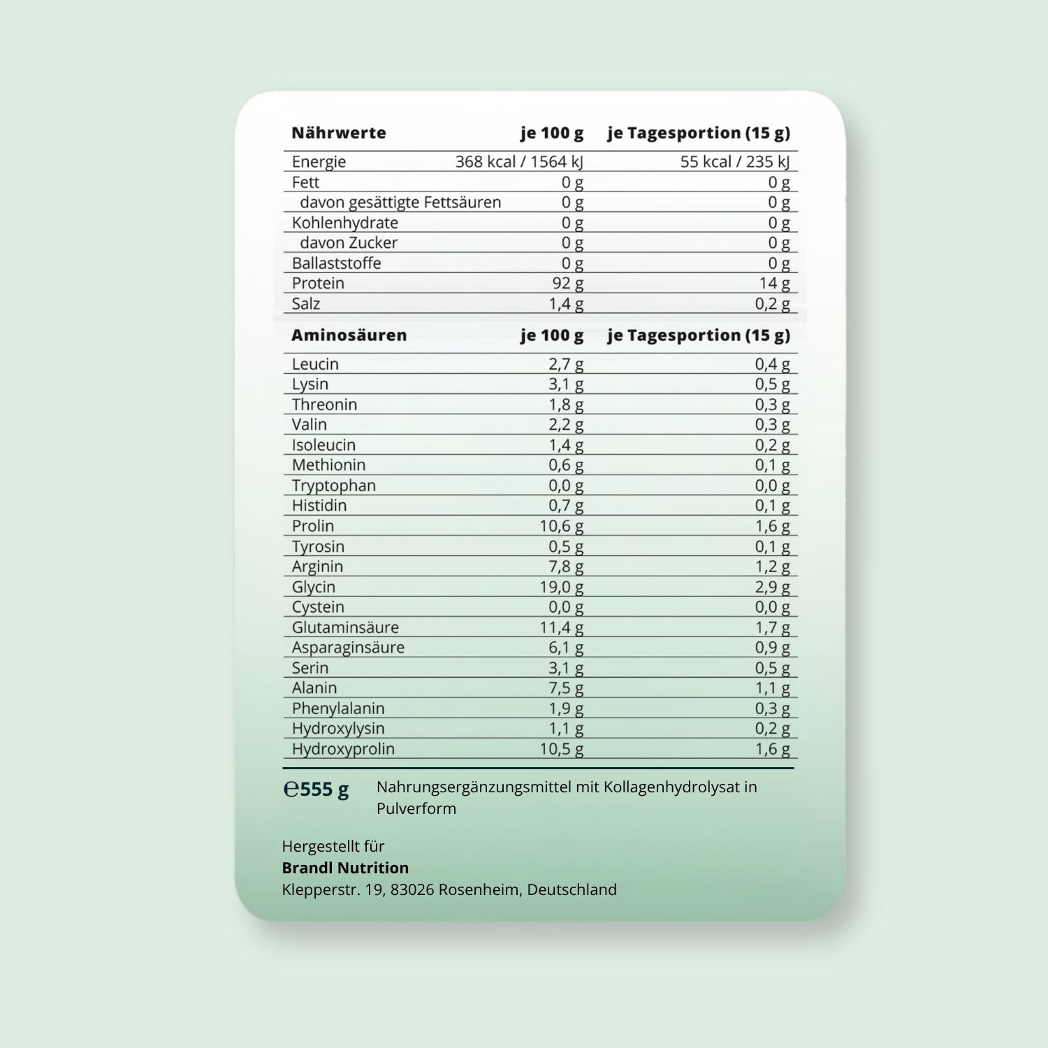 Nährwertangaben und Aminosäuren für Kollagenhydrolysat.