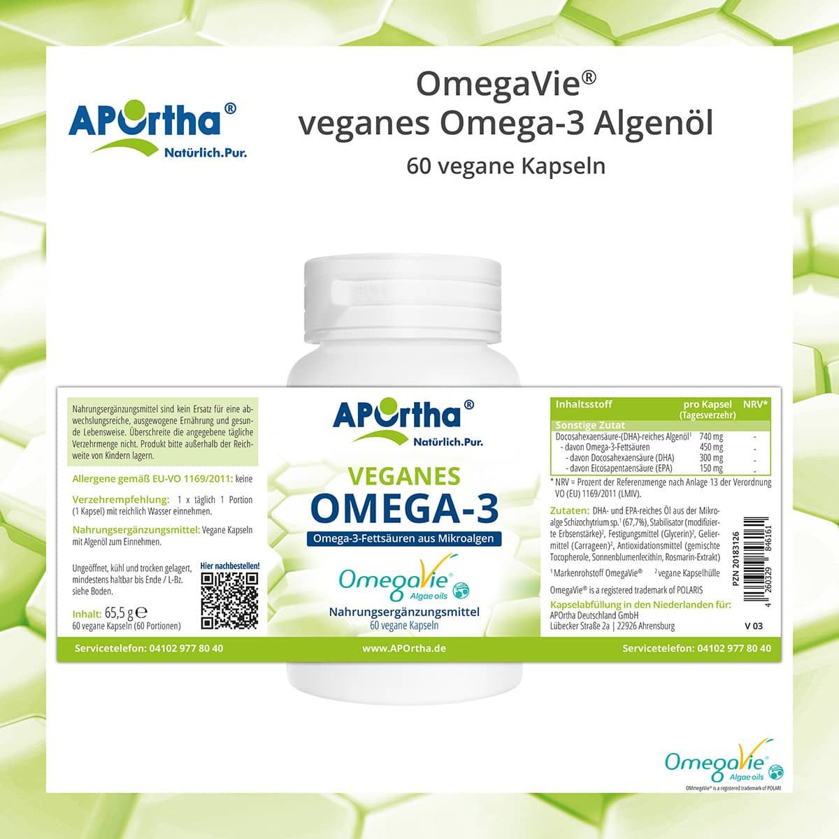 Weiße Flasche APOrtha® Veganes Omega-3, 60 Kapseln. Etikett mit Nährwertangaben und Inhaltsstoffen. QR-Code und Service-Telefonnummer.