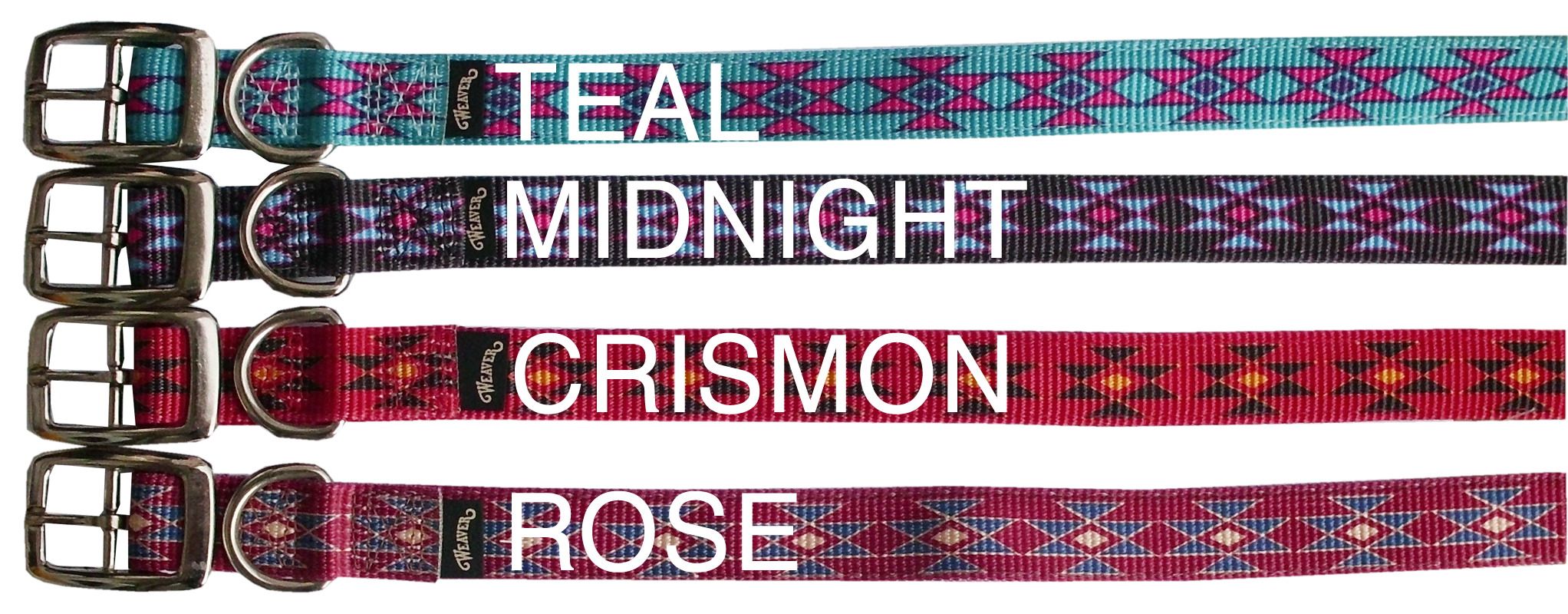 Hundehalsbänder in Teal, Midnight, Crimson und Rose. Metallverschlüsse. Muster mit geometrischen Formen. Text: Teal, Midnight, Crimson, Rose.