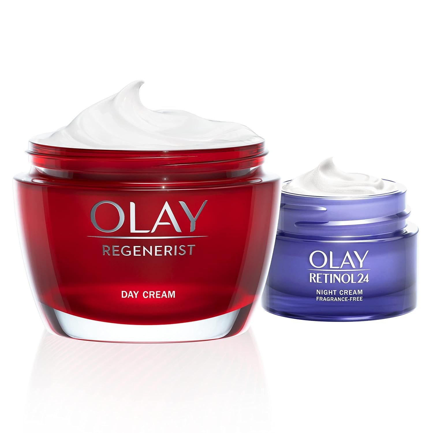 Zwei Cremetiegel. Ein roter Tiegel mit "Olay Regenerist Day Cream". Ein violetter Tiegel mit "Olay Retinol 24 Night Cream".