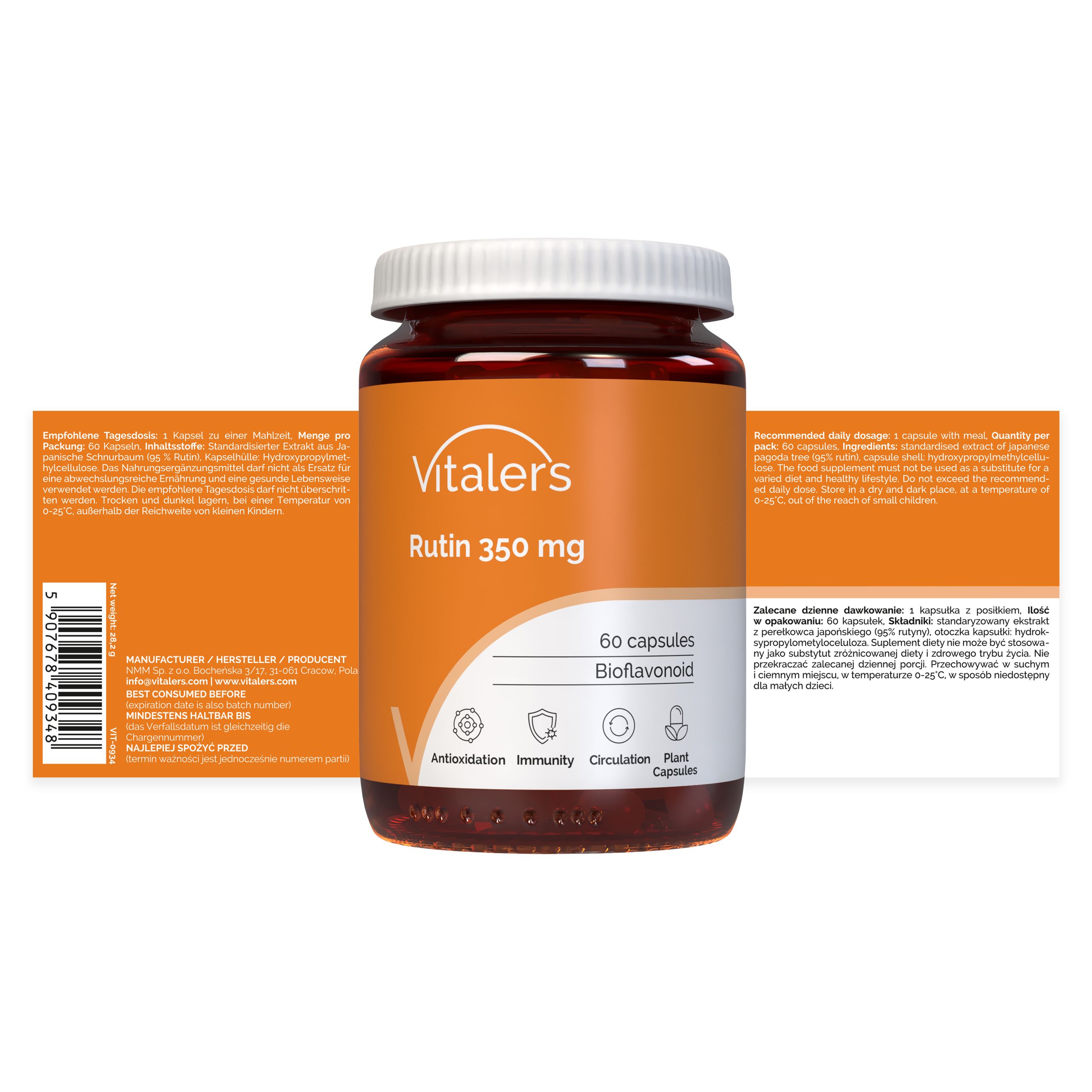 Vitaler's Rutin 350 mg Kapselbehälter und Verpackung, Vorder- und Rückseite.