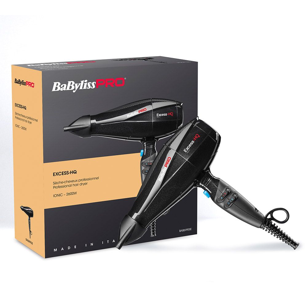 Produktverpackung mit zwei schwarzen Haartrocknern BaByliss PRO Excess HQ. Aufschrift: Made in Italy.