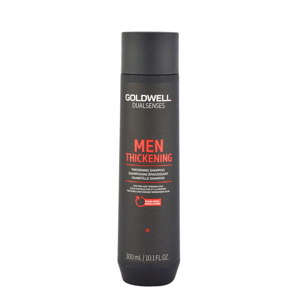 Schwarze Shampoo-Flasche mit weißer Schrift. Aufschrift: Goldwell Dualsenses Men Thickening. Volumen: 300 ml.