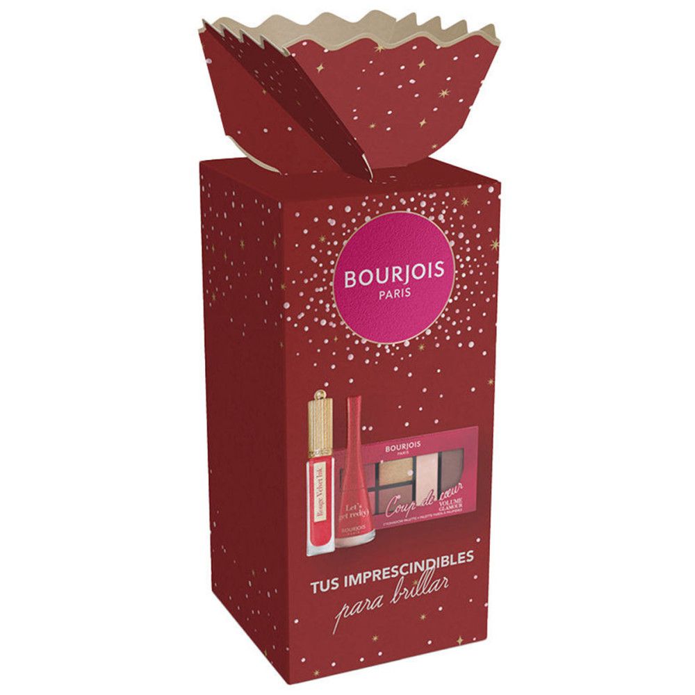 Geschenkbox mit Kosmetikprodukten. Rote Verpackung mit Markenlogo und Produktnamen. Enthält Lippenstift, Nagellack und Lidschatten-Palette.