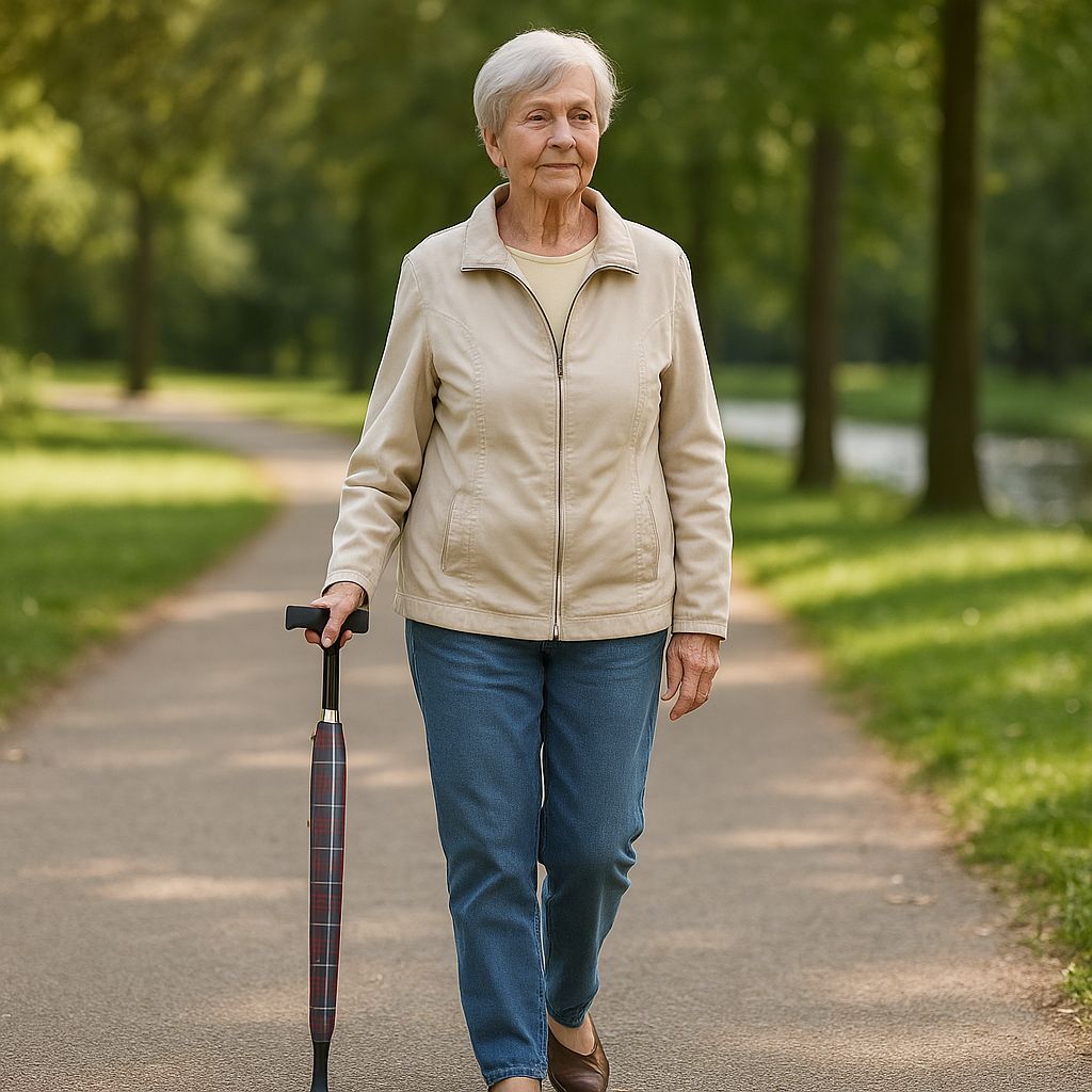 Ältere Frau mit rot-schwarz kariertem Regenschirm und Gehstock auf einem Weg.
