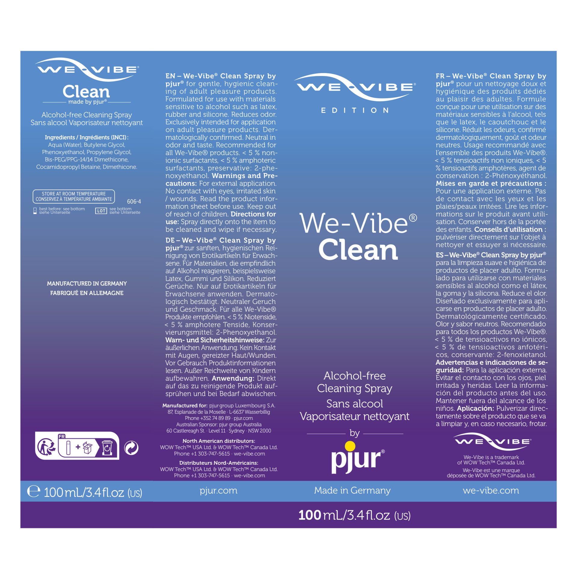 Rückseite der Pjur We-Vibe Clean Verpackung mit Anwendungshinweisen und Inhaltsstoffen.