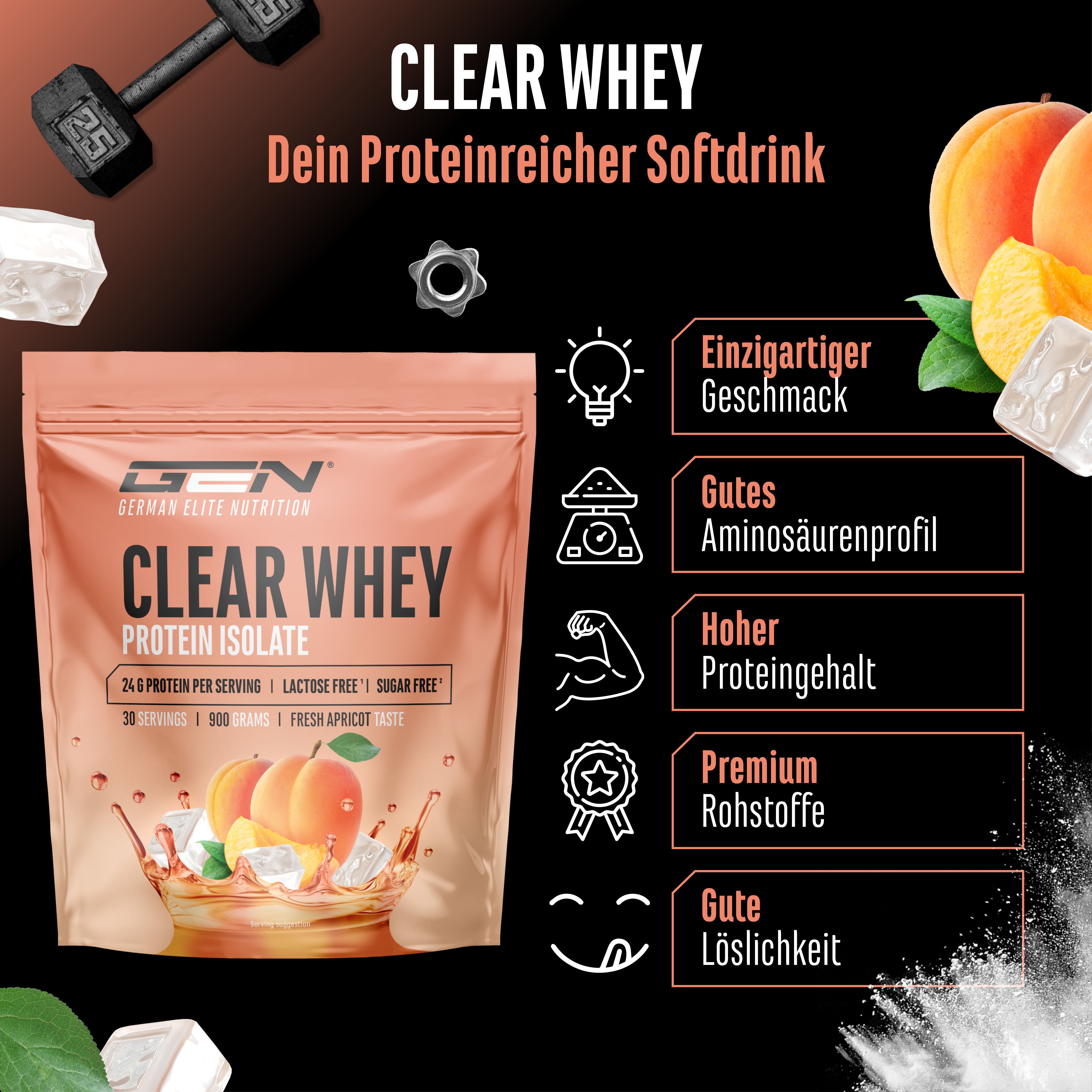 Werbebild für Clear Whey Protein. Produktverpackung und Text: 24g Protein, laktosefrei, zuckerfrei, 30 Portionen, 900g, Geschmack: frische Aprikose. Abbildung von Aprikosen.