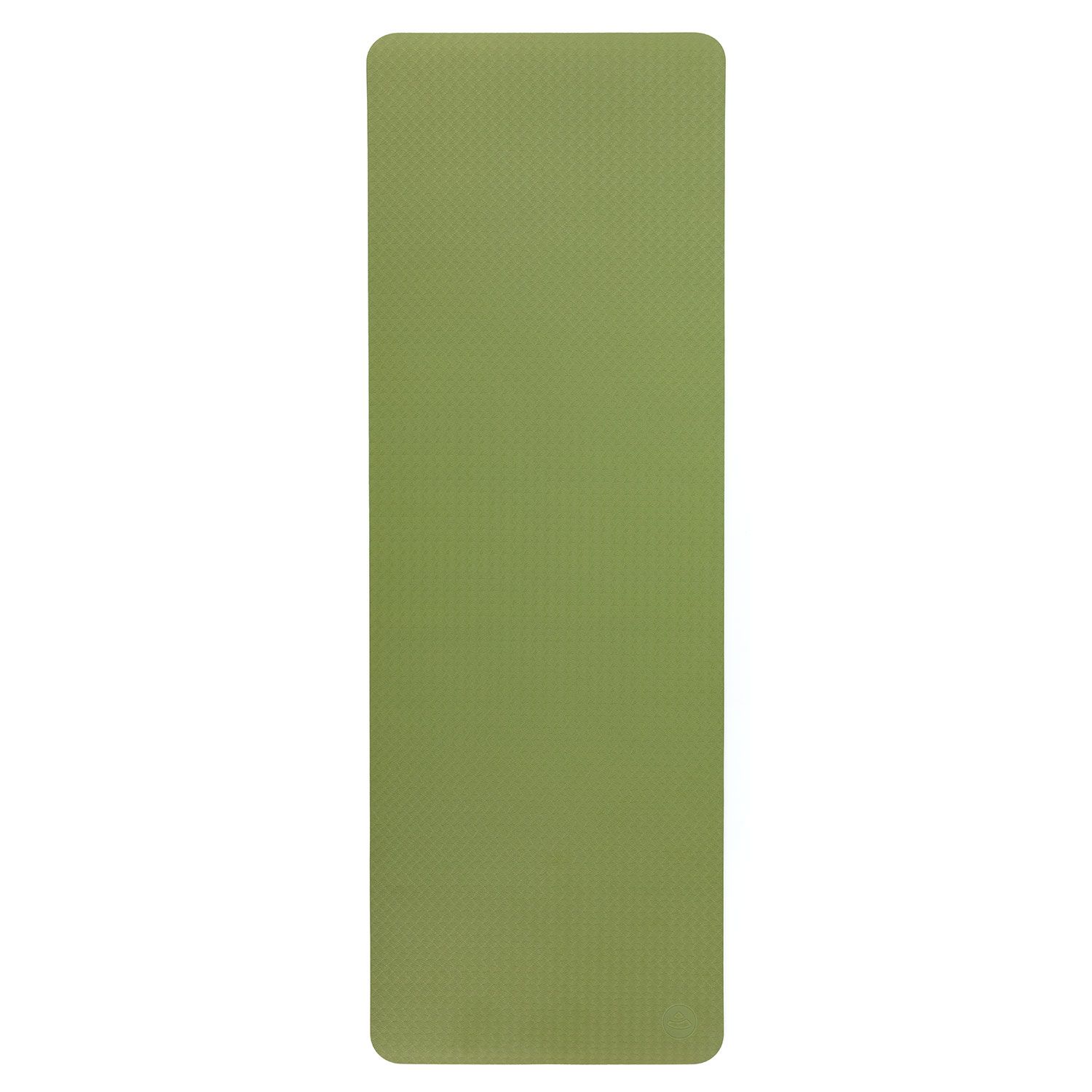 Grüne Yogamatte, rechteckig. Oberseite mit Muster. Abgerundete Ecken. Einfarbige grüne Oberfläche.