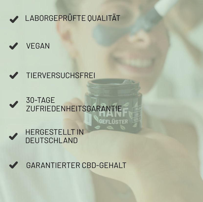 Person hält schwarzen Tiegel mit Deckel. Aufschrift: HANF GEFLÜSTER. Text: Laborgeprüfte Qualität, vegan, tierversuchsfrei, etc.