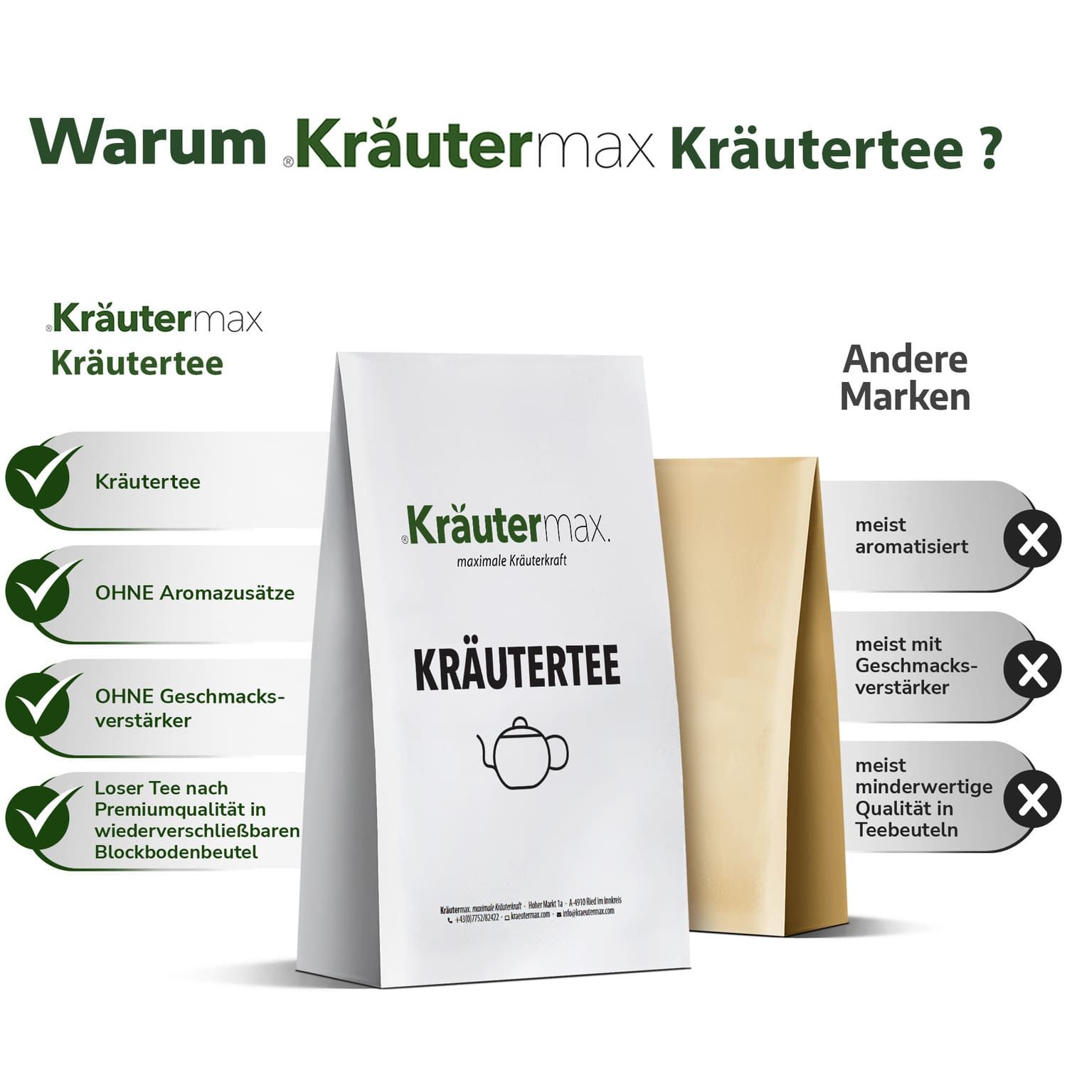 Verpackung Kräutertee, weiß, mit Logo und Text. Vergleich mit anderen Marken: Ohne Aromazusätze, Geschmacksverstärker, Premiumqualität.