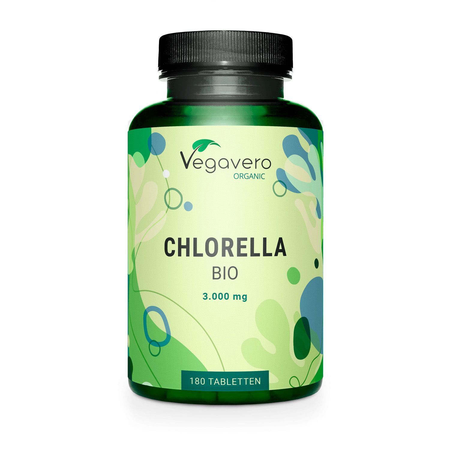 Grüne Flasche mit schwarzem Deckel. Aufschrift: Chlorella BIO, 3.000 mg, 180 Tabletten. Marke: Vegavero Organic.