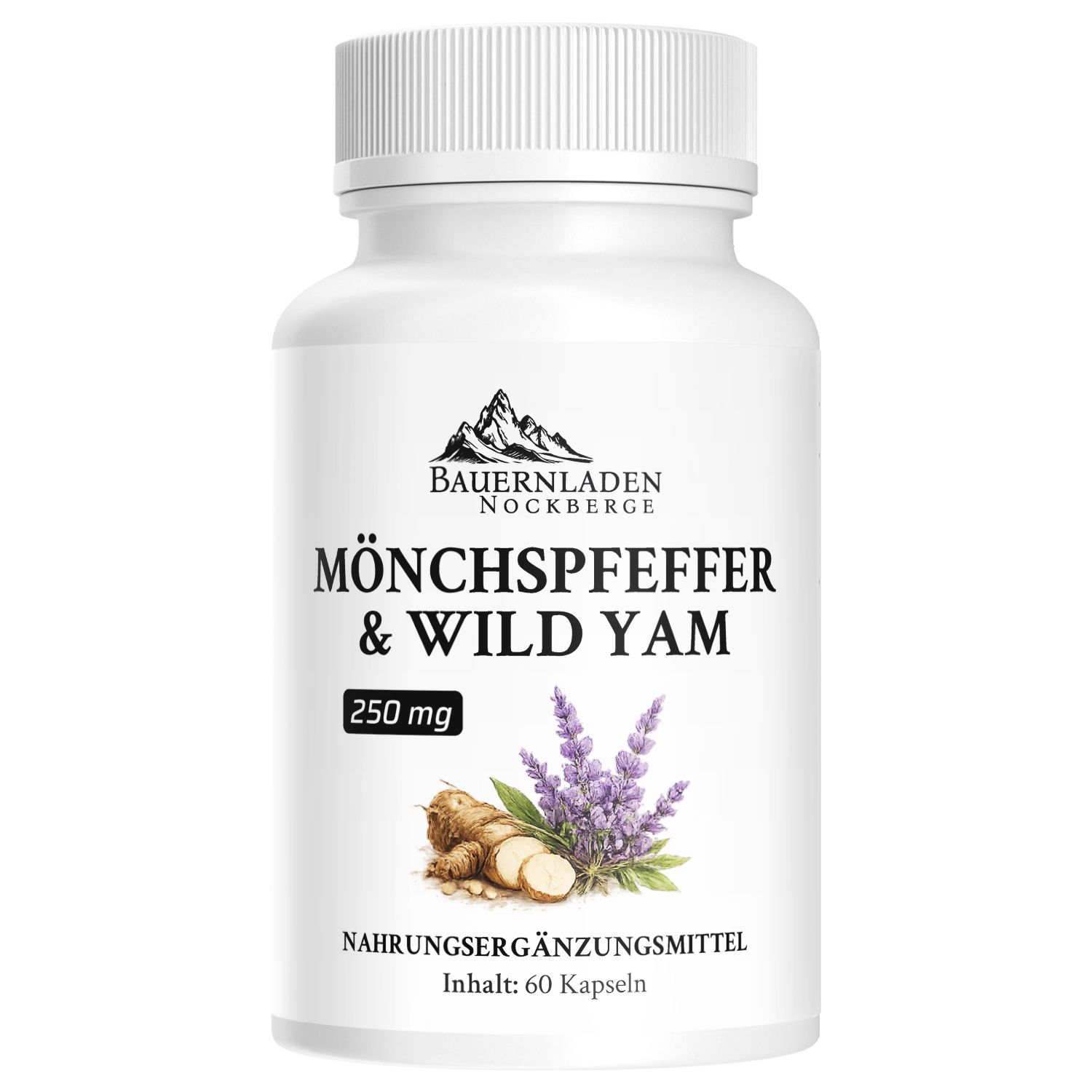 Weiße Kapsel mit Mönchspfeffer & Wild Yam Etikett, 250 mg, 60 Kapseln.