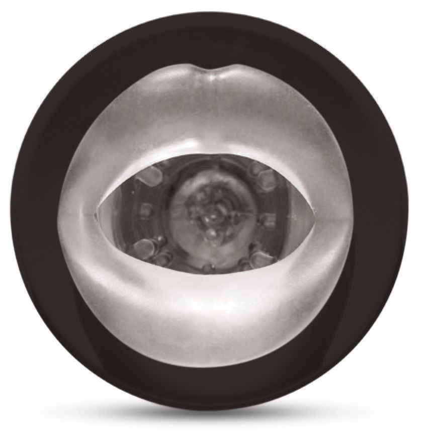 Schwarzes Gerät mit Lippenform. Innenraum mit sichtbaren Strukturen. Runde Form.