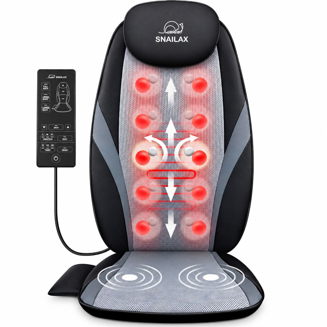 Nackenmassagegerät mit rotem Licht, Bedienelementen und Ladeanzeige.