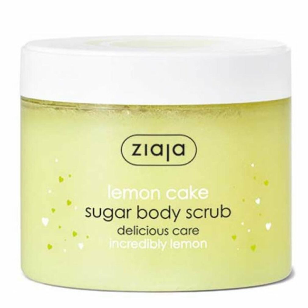 Ziaja Lemon Cake Zucker-Körperpeeling. Gelber Behälter mit weißem Deckel. Aufschrift: Sugar Body Scrub, delicious care, incredibly lemon.