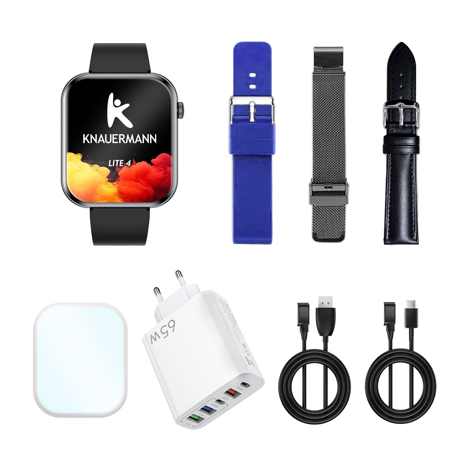 Knauermann Lite 4 Smartwatch mit schwarzem Armband, Ladekabel, Netzteil und drei Armbändern.