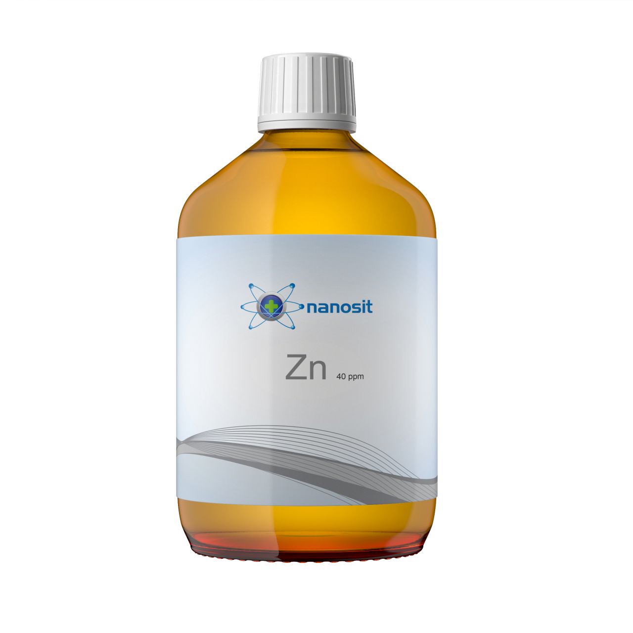 Flüssigkeit in einer braunen Glasflasche mit weißem Etikett. Aufschrift: "nanosit Zn 40 ppm". Weißer Schraubverschluss.