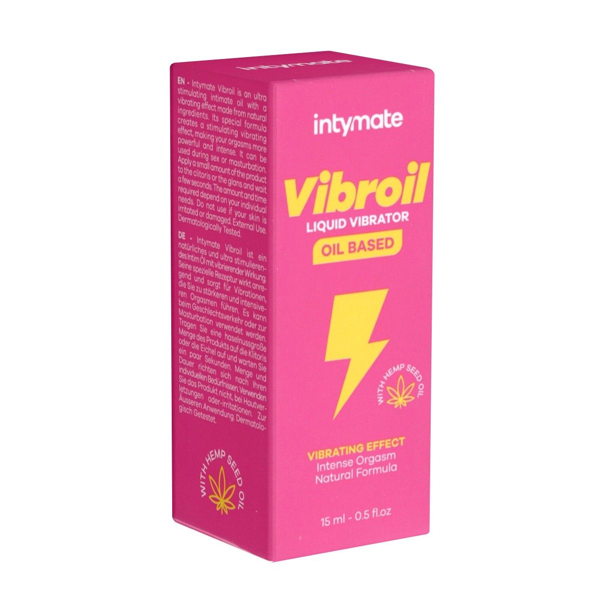 Rosa Verpackung mit Produktnamen und gelbem Blitz. Text: Intymate Vibroil, Liquid Vibrator, Oil Based. Mit Hanfsamenöl.