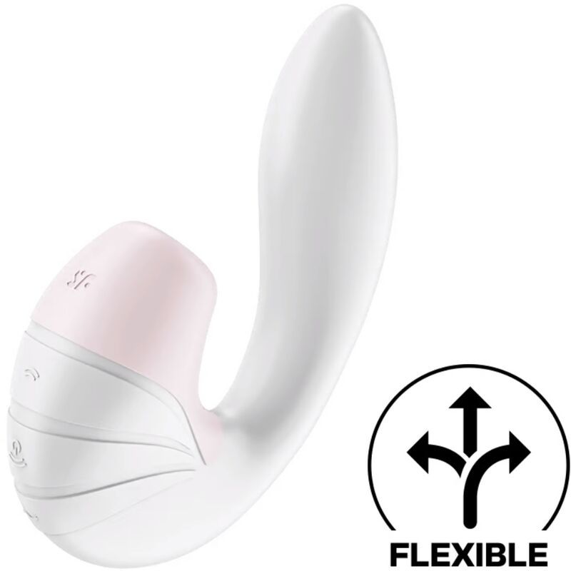 Weißer Vibrator mit rosa Spitze und geschwungener Form. Flexibel-Symbol.