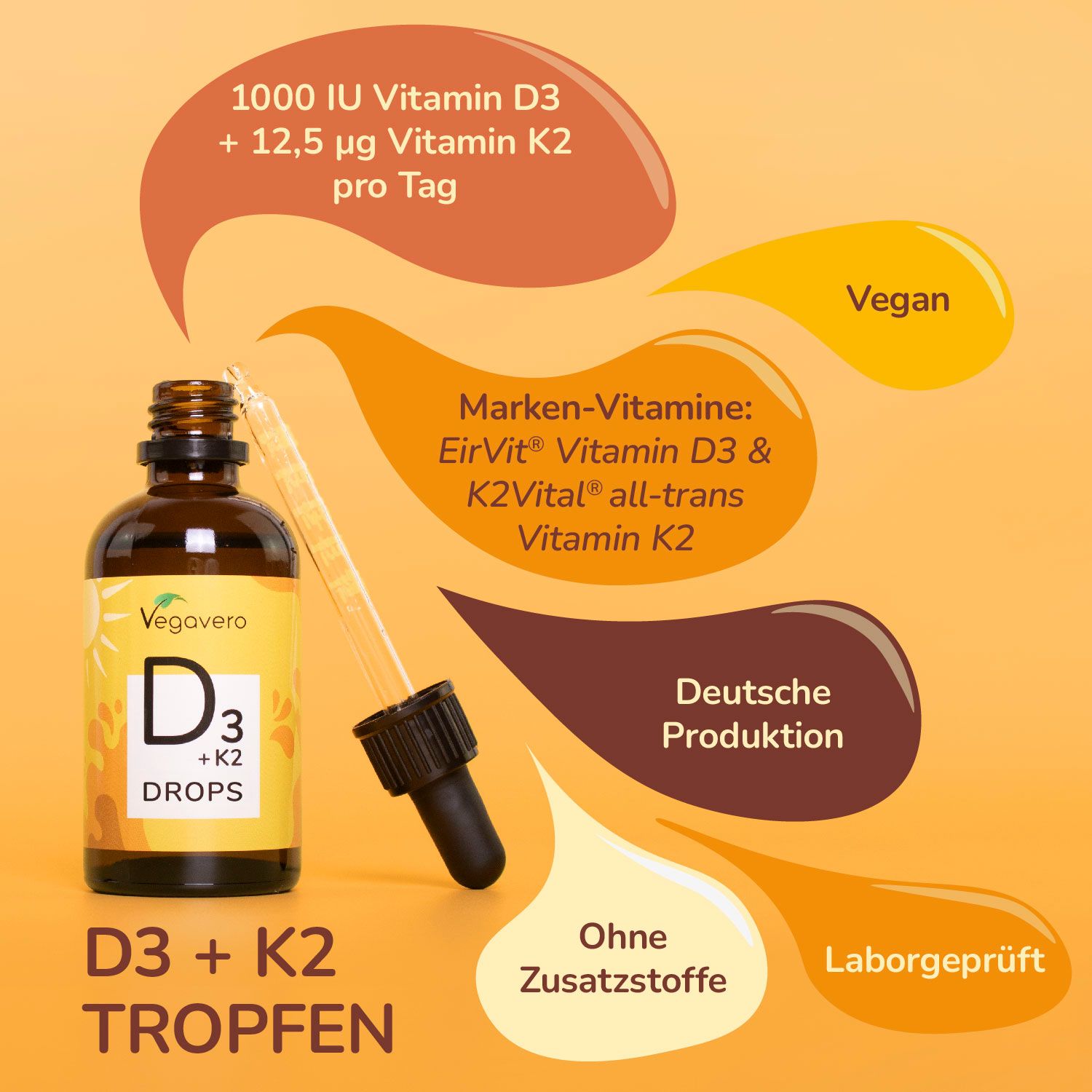 Vegavvero Vitamin D3+K2 Tropfen Flasche mit Pipette und Erklärungen zu veganer Herstellung und deutscher Produktion.