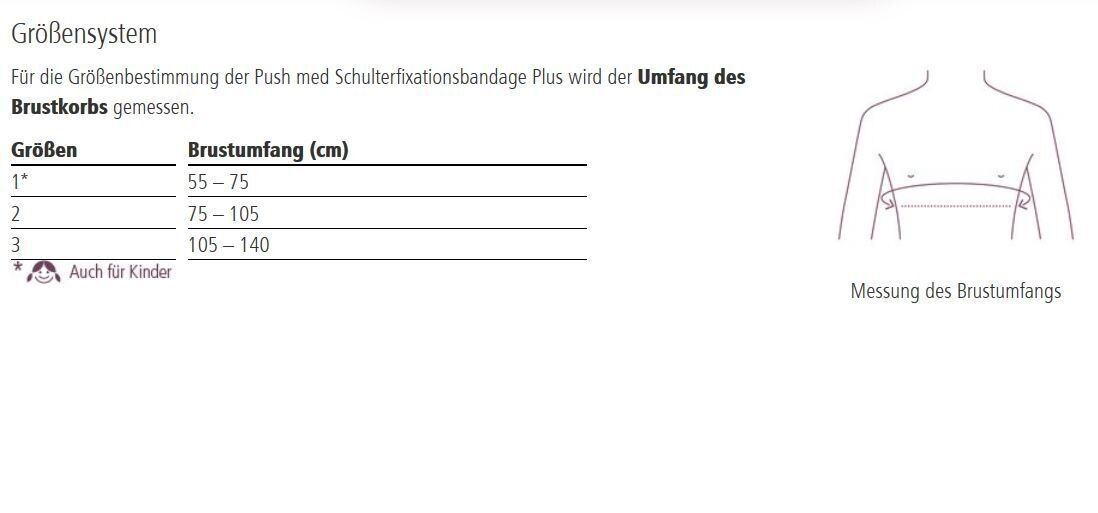 Größentabelle für Schulterfixationsbandage Plus. Brustumfang in cm und Größen 1-3. Illustration der Messung.