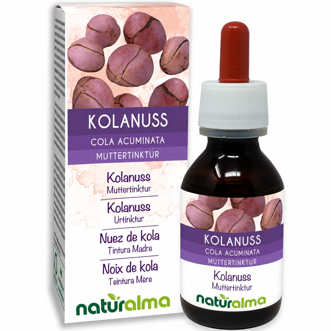 Kolanuss Muttertinktur in Braunglasflasche mit Pipette und Faltschachtel.