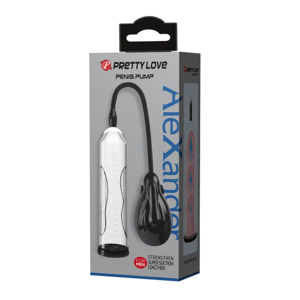 Verpackung mit Penis Pumpe. Marke Pretty Love, Modell Alexander. Schwarze Pumpe und Schlauch, transparente Zylinder. Stärkt die Saugkraft.