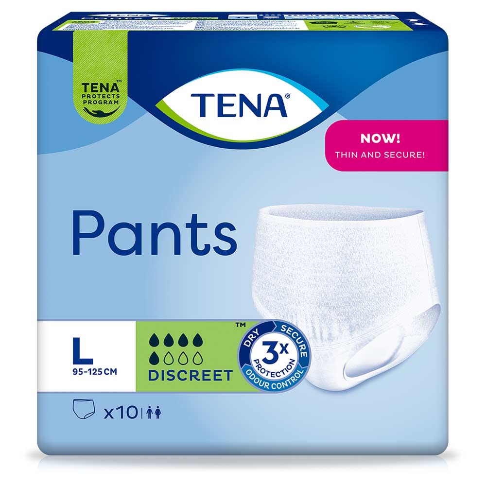 TENA Pants Discreet L-Packung. Größe L, 95-125 cm. 10 Stück. Mit Trockenheits- und Geruchsschutz. Verpackung mit Produktabbildung.