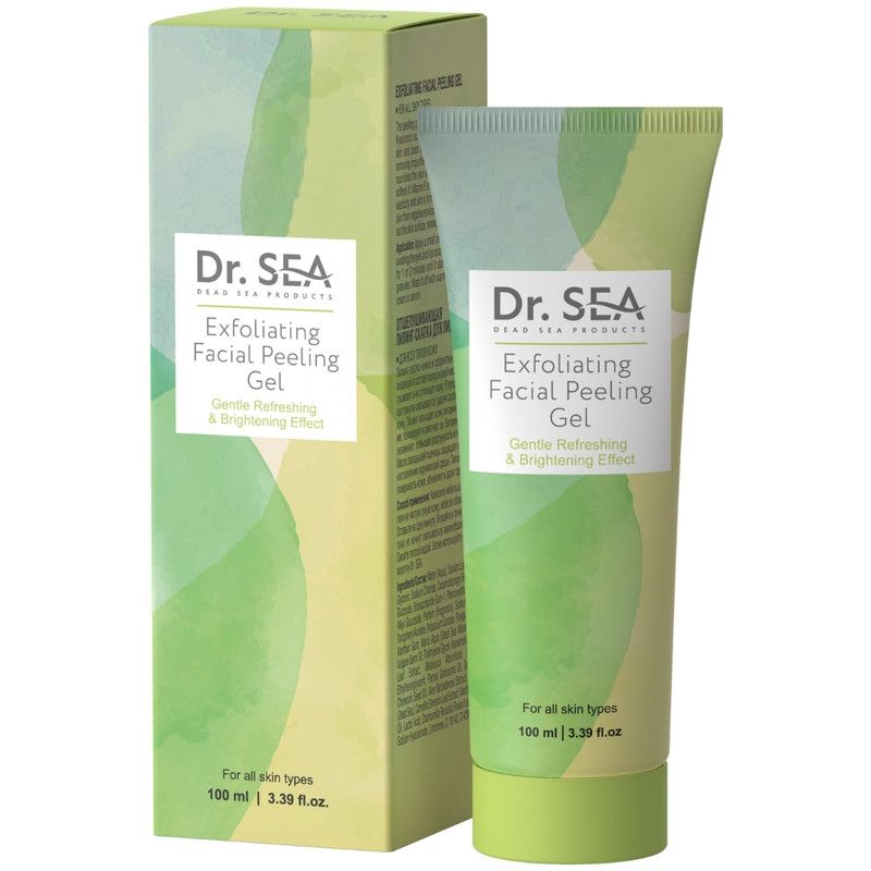 Grünes Peeling-Gel mit Verpackung. Aufschrift: Dr. SEA, Exfolierendes Peeling-Gel für das Gesicht. Für alle Hauttypen.
