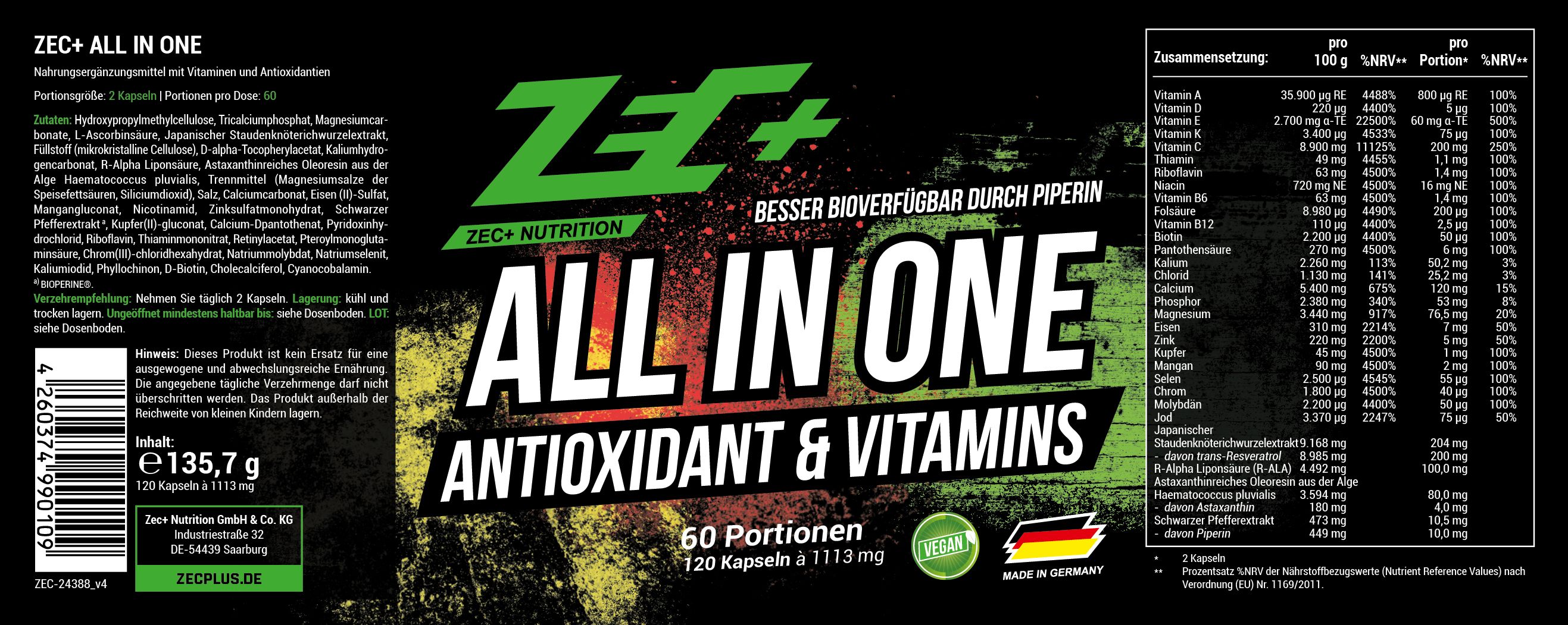 Etikett mit Nährwertangaben. Aufschrift: ZEC+ ALL IN ONE ANTIOXIDANT & VITAMINS. 60 Portionen, 120 Kapseln. Deutsche Flagge.
