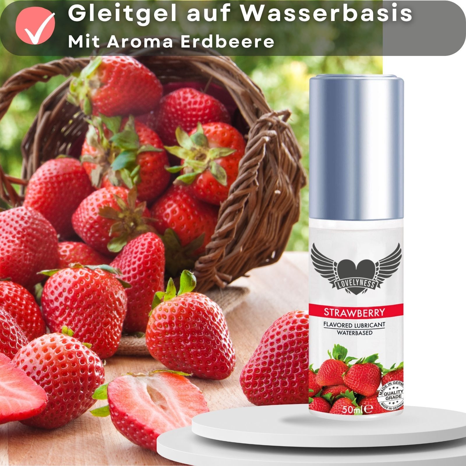 Gleitgel-Flasche mit Erdbeeren und Text. Text: Strawberry, Flavored Lubricant, Waterbased.