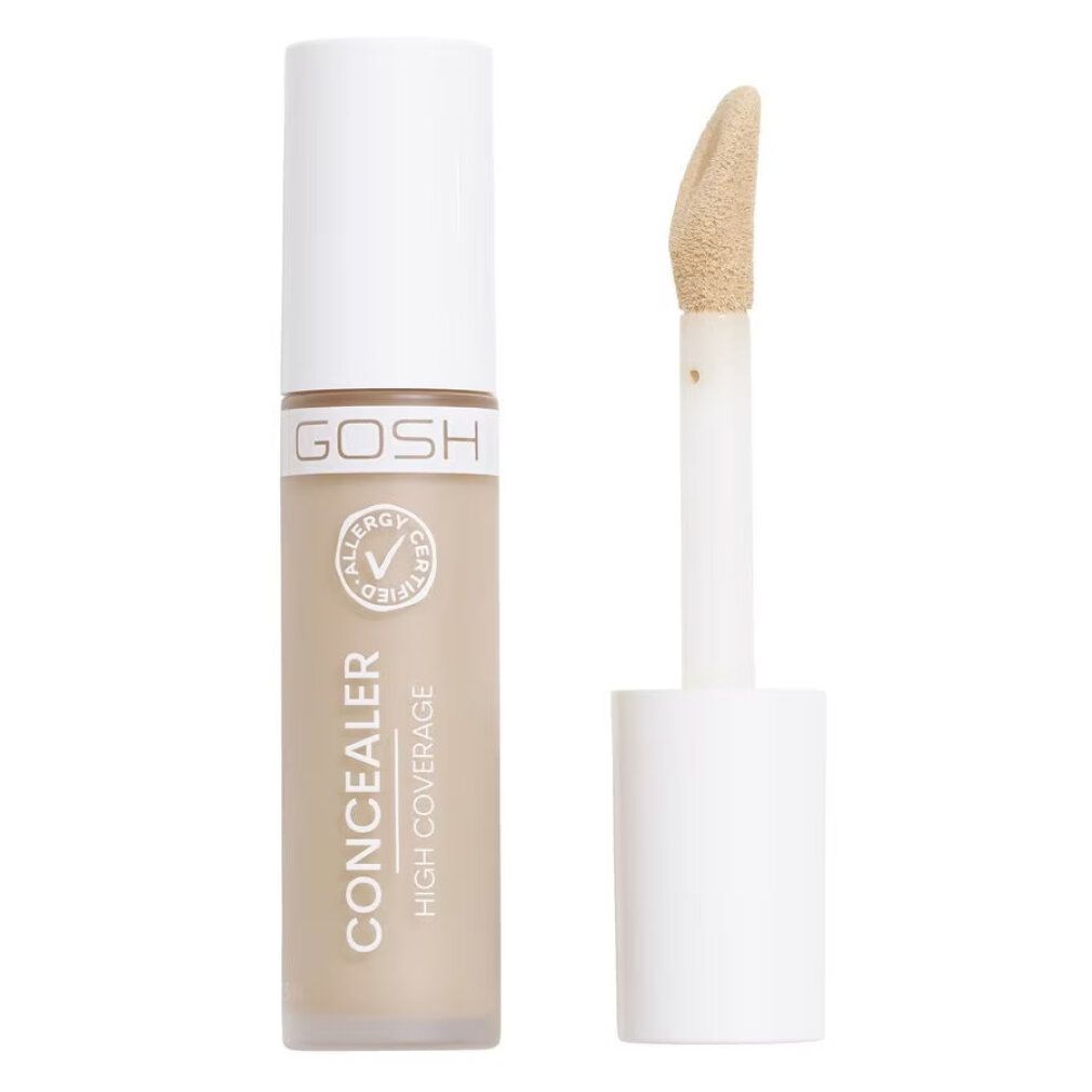 Beige Concealer-Tube mit weißem Deckel und Applikator. Aufschrift: GOSH, Concealer, High Coverage. Allergie-Zertifizierung.